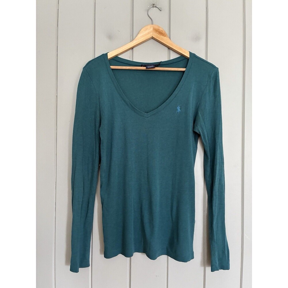 Ralph Lauren Sport Long Sleeve Tee Top L Large Deep V-Neck Pima Cotton Teal Blue